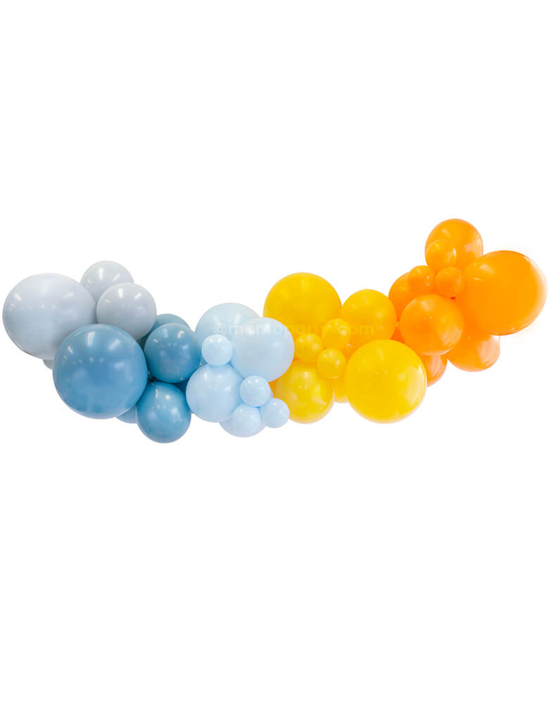 Momo Party's Hot Wheel Party Balloon Cloud Kit, featuring Assorted 17”, 11” & 5” race car-themed latex balloons in blue, grey, orange and goldenrod color, high quality latex balloons are made in USA