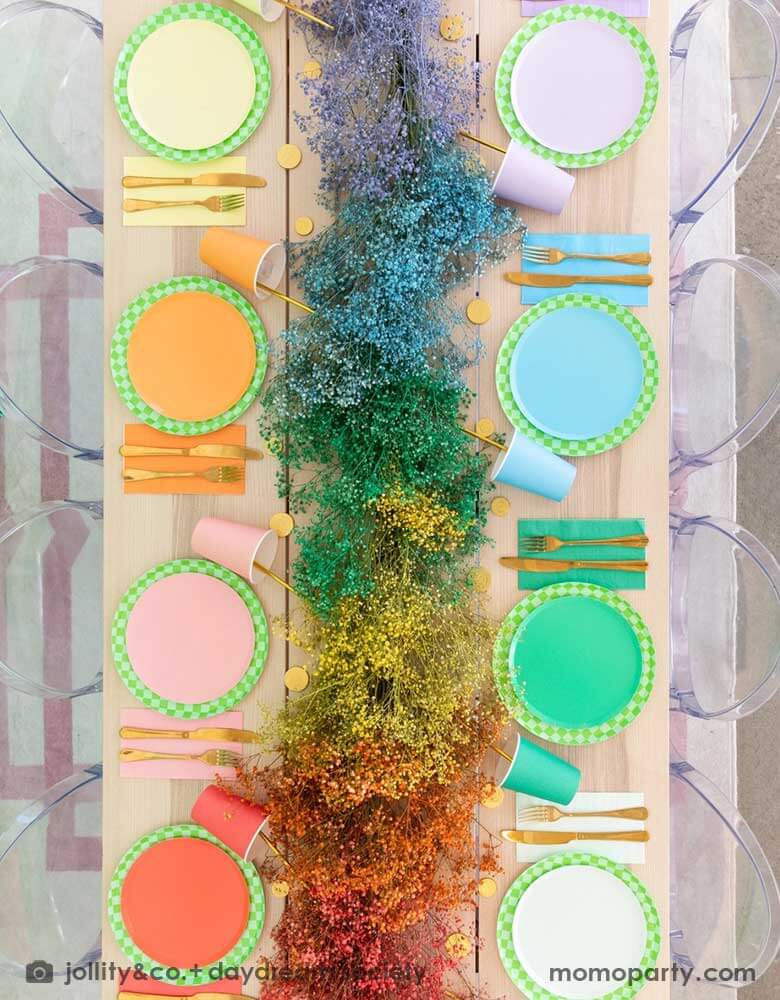 A overhead shot of a long party table set with rainbow colored paper party plates from Momopartys with matching napkins and cups, in the middle of the table is some flower arrangement across the table in beautiful rainbow colors. A perfect inspiration and idea for a modern and beautiful table setting for any occasion.