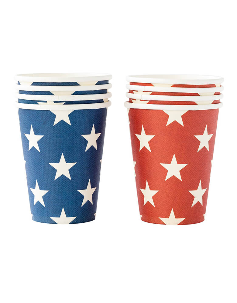 Momo Party's HAM915 - RED AND BLUE STAR PAPER CUPS by My Mind's Eye. Designed with a festive star pattern on a blue and red background, these party cups will add the perfect touch of the amount of patriotic flair to your summertime cookouts!