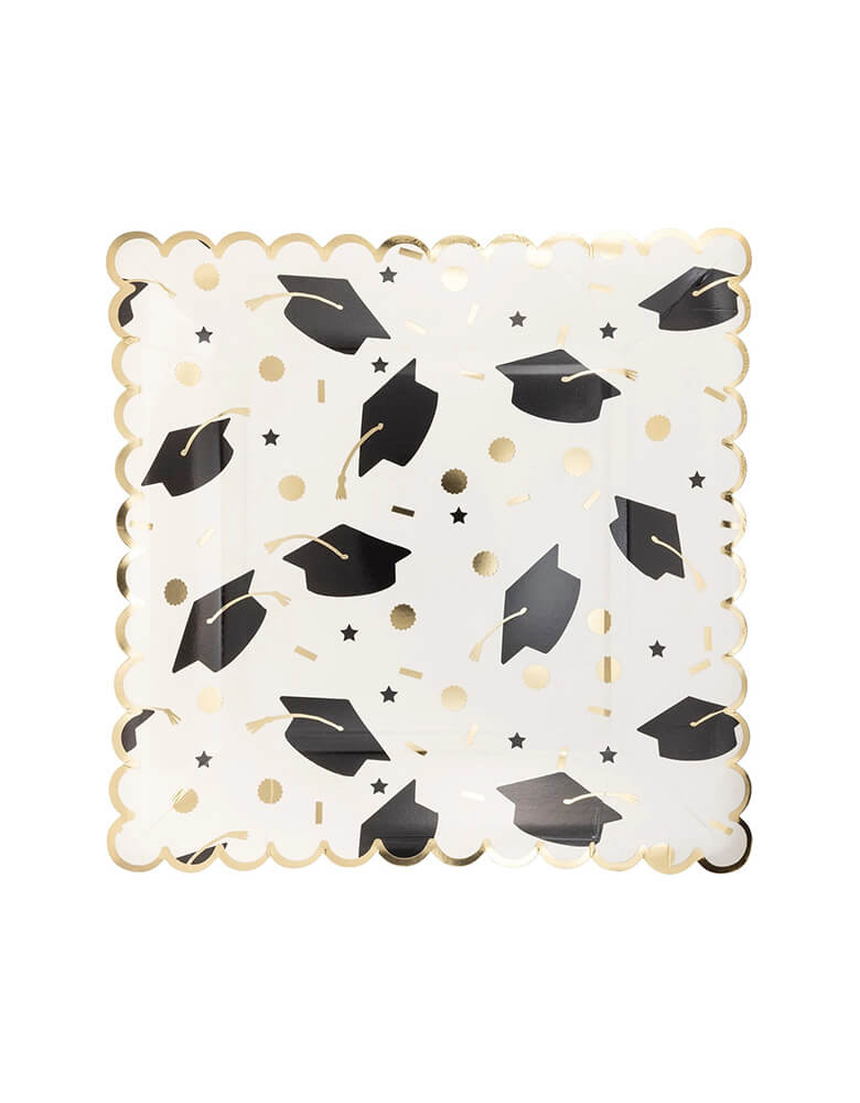Momo Party's 9" x 9" cap scatter party plates by My Mind's Eye. With black grad caps with gold accents, this set of 8 paper plates are perfect additions to your grad's festive graduation party celebration.