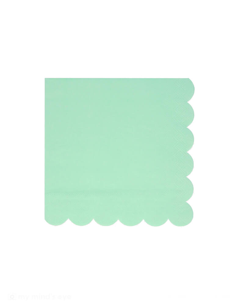 Momo Party's 6.5" x 6.5" Sea Foam Green Large Napkins by Meri Meri. Comes in a set of 16 paper napkins, with a stylish scalloped edge, these beautifully crafted napkins are ideal for any celebration where you want an oceanic vibe, like a mermaid party or under the sea party.