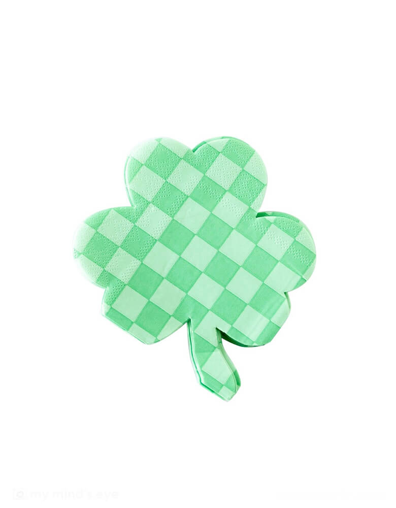 Momo Party's 5" x 5" Checkered Shamrock Paper Napkins by My Mind's Eye. In a shape of shamrock with green checkered pattern on it, liven up your next St. Paddy's Day celebration with these eye-catching Checkered Shamrock Paper Napkins. Add some pizzazz to your party with a checkered, festive shamrock pattern - a fun and unique way to get into the holiday spirit!