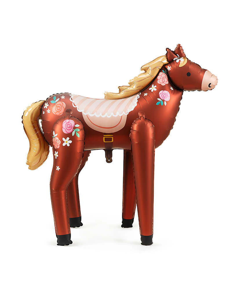 Momo Party's 40" x 42" Standing Pony Foil Balloon by Party Deco. With the classic color of brown, this pony features pink floral designs on its body and a friendly face, making this a charming and darling balloon decoration for girl's horse themed birthday party.