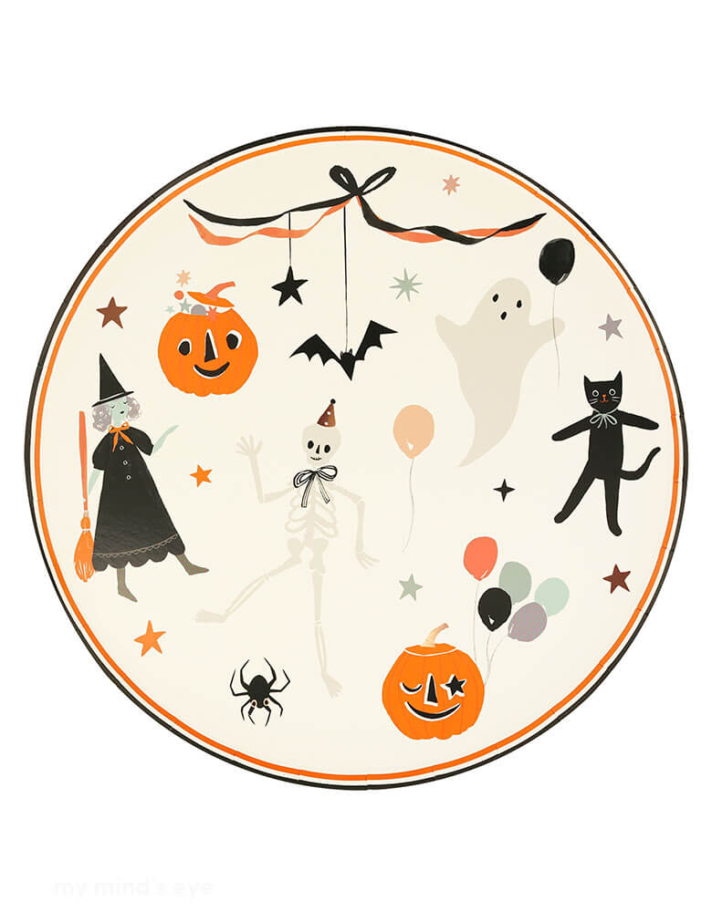Momo Party's 10.5" x 10.5" x 0.25" It's Halloween! Dinner Plates by Meri Meri. These Halloween vintage-look plates, featuring happy Halloween icons including a ghost, a black cat, two pumpkins, a witch, a spider and a skeleton, and an on-trend bow design, will definitely thrill your party guests. These boo-tiful plates will add real wow-factor to your party table.