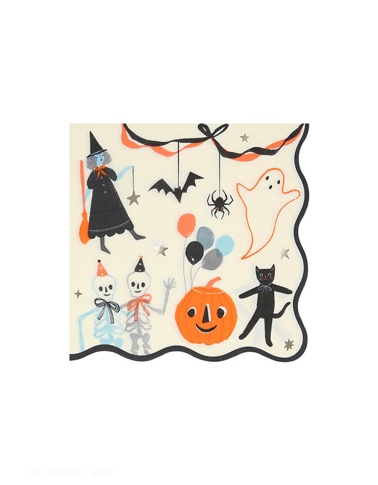 Momo Party's 6.5" It's Halloween! large napkins by Meri Meri. hese Halloween vintage-look napkins, featuring happy Halloween icons including a ghost, a pumpkin, a black cat, two skeletons with party hats, a witch and a bat, and an on-trend bow design, will definitely thrill your party guests. These boo-tiful napkins will make your party table look terrific too.