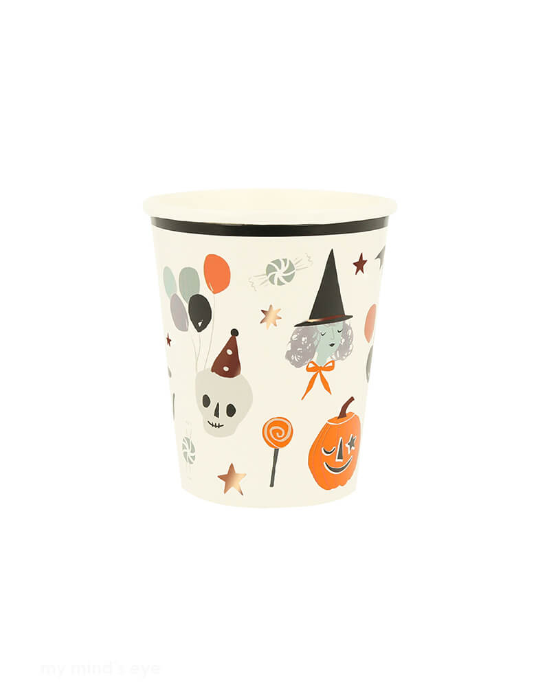 Momo Party's 9oz It's Halloween! Cups by Meri Meri. Comes in a set of 8 cups, these Halloween vintage-look cups, featuring happy Halloween icons including a witch, a pumpkin, a skull, a bat and candies, will definitely thrill your party guests. These boo-tiful cups will make your party table look terrific too.