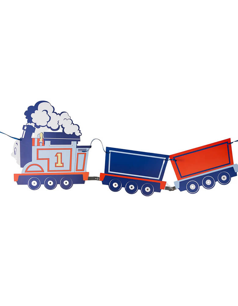 A close-up shot of Momopartys's 5.75"-11.75" height, 8' string Thomas & Friends™ Train Banner. Comes in a set of 6 pennants, set a scene at your kiddo's Thomas themed birthday party with this fantastic offically licensed Thomas & Friends™ train party banner!