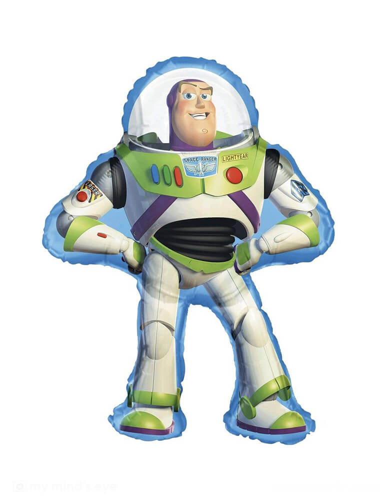 Momo Party's 35" Toy-Story-Buzz-Lightyear-Foil-Balloon by Anagram Balloons. Bring your Toy Story party to life with this Buzz Lightyear shaped foil mylar balloon! This large foil balloon features Buzz Lightyear in an up-right stance looking ready for a space adventure. The balloon can be inflated with helium to float or with a balloon air inflator.