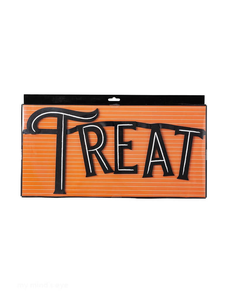The package of Momopartys's 4ft Trick or Treat Felt Banner by My Mind's Eye. Made of high-quality felt, this Halloween banner adds a spooky touch to your home decor. Whether you're hosting a party or just love the holiday, it's the perfect way to greet trick-or-treaters!