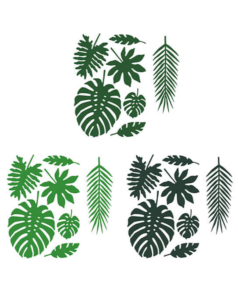 Momo Party's Tropical Leaves Decoration by Party Deco. These unique tropical leaf decorations contain 21 pieces - 7 different shapes of leaves, each shape in 3 shades of green color. Perfect for a tropical themed birthday party, fiesta or summer garden party.