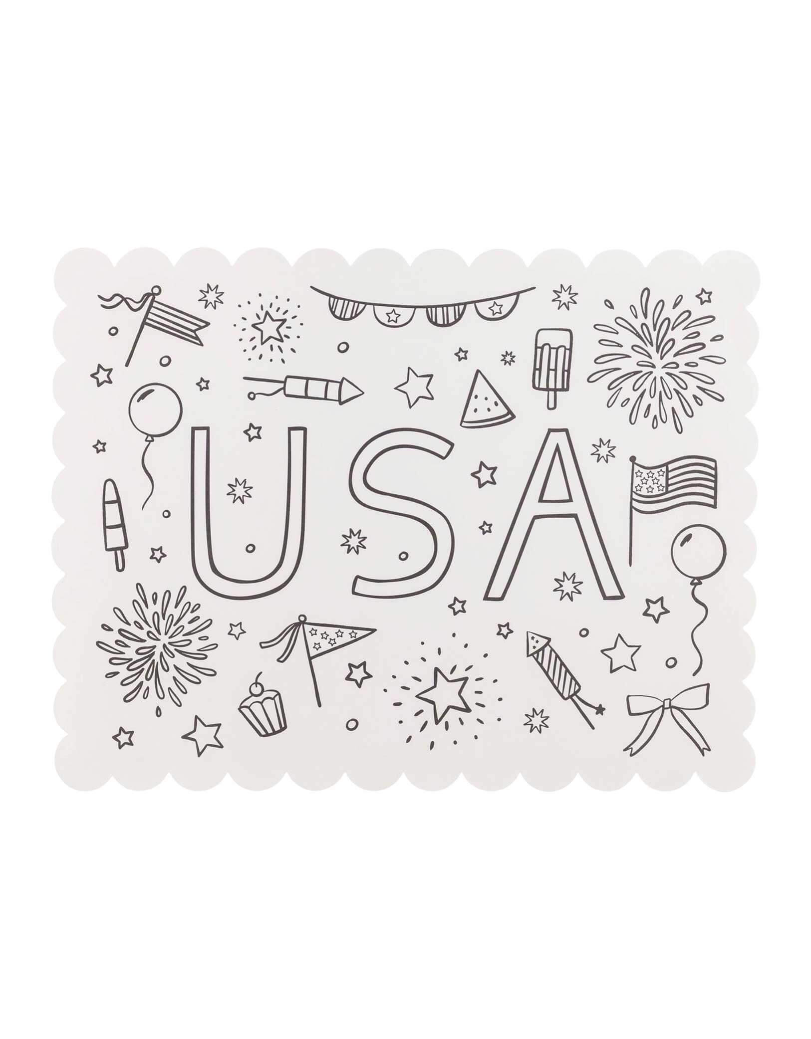 Momo Party's 12" x 16" USA Coloring Activity Placemats by My Mind's Eye. Featuring fireworks, American flags, cupcakes, ice pops, balloons, and more, perfect for kids, these 24-count placemats are filled with exciting activities and a colorful USA design. Keep the little ones entertained while celebrating in style.