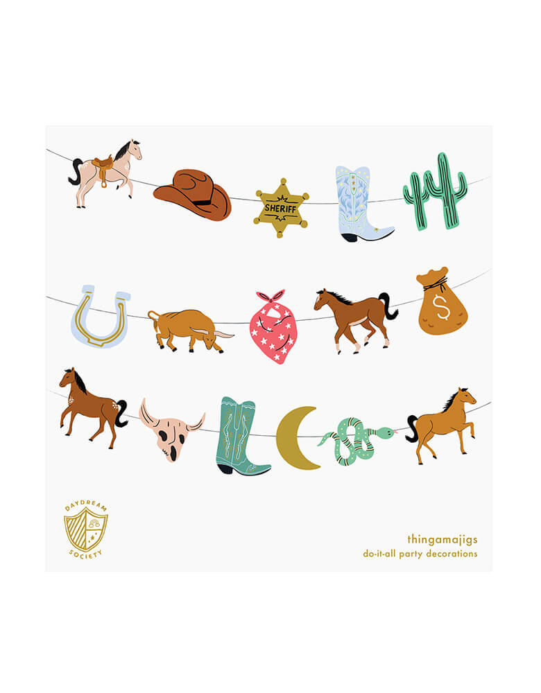Momo Party's Western Cowboy party garland by Daydream Society. Comes in 16 pennants with Western cowboy rodeo themed elements including horses, a cactus, cowboy boots, buffalos, a snake, a horseshoe, a red bandana, a bull skull, and a money bag. This awesome party garland set is all you need to transform your party into the wild west!
