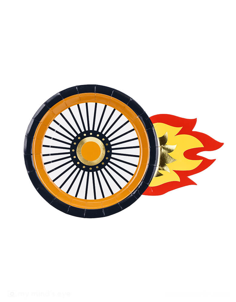 Momo Party's 10.4" x 7" wheel shaped party plates by Party Deco. Comes in a set of 6 plates, these die-cut wheel shaped plates with flame design on the site are perfect for kid's race car or Hot Wheel themed birthdays. These plates are sure to make your little one's celebration a fast one.