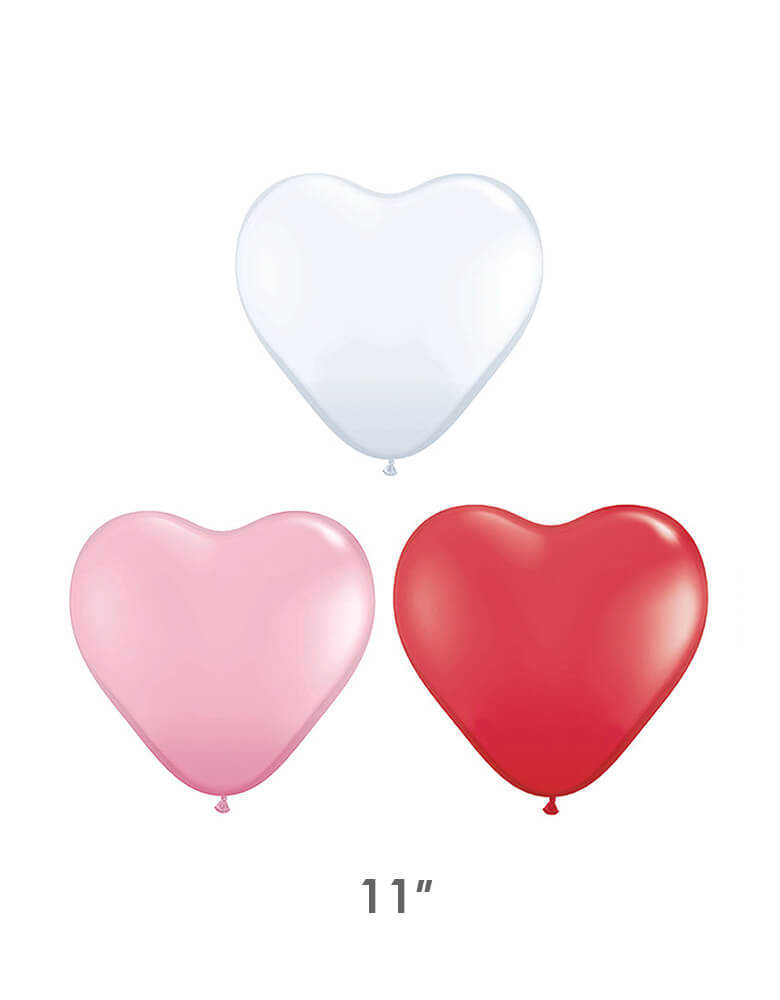 Qualatex Balloons - Assorted 11" Heart Shaped Latex Balloon Mix. Assorted colors of white, pink and red heart shape latex balloons. So fun and cute for your Valentine's Day celebration!