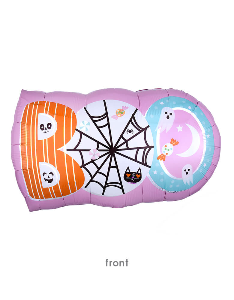 Anagram Balloons - 40065 Halloween BOO SuperShape™ P30. This 32 inches Anagram Pink Halloween Boo Foil Balloon with ghosts, spider webs, black cats design, is simply adorable! Printed with different designs on two sides, this unique balloon will be a hit at your pink or pastel themed Halloween celebration!