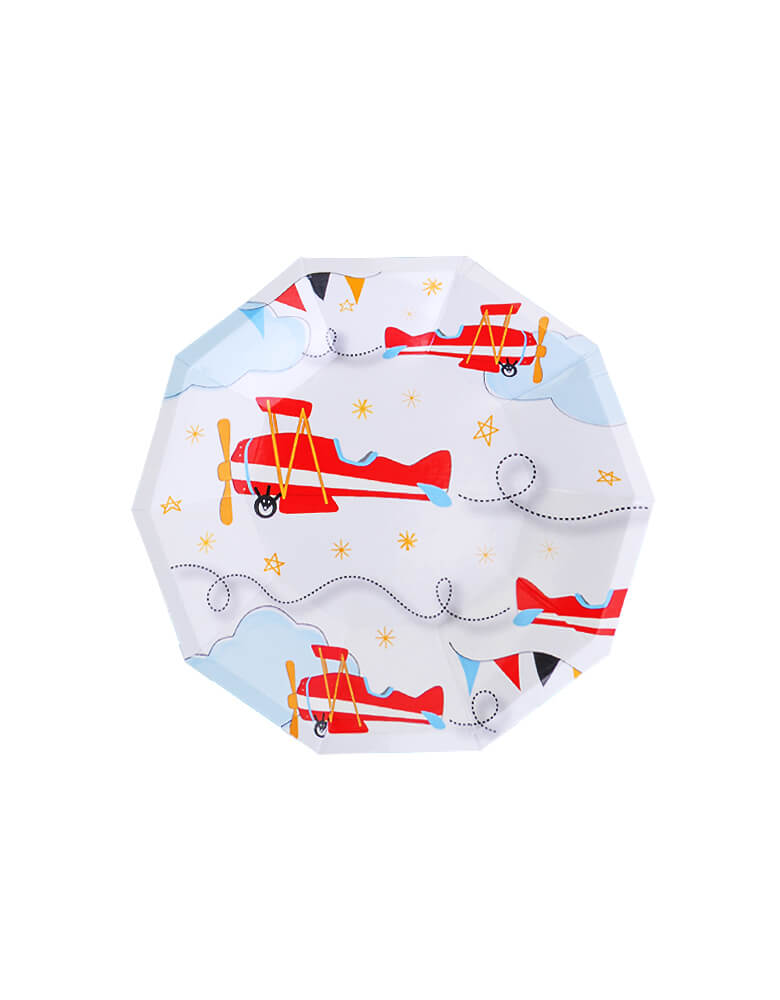Airplane Small Plates by Pooka. Featuring light blue, red and yellow colors, these airplane plates are heaven.