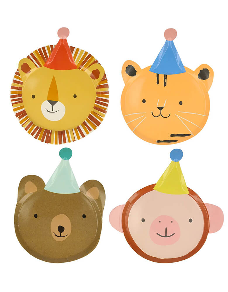 Momo Party's 8.25x9.25 inches Animal Parade Die Cut Plates by Meri Meri, come in a set of 8 plates in 4 designs a lion, a tiger, a bear and a monkey, these plates are also perfect for a "Wild One" first birthday party or a "Two Wild" 2nd birthday party.