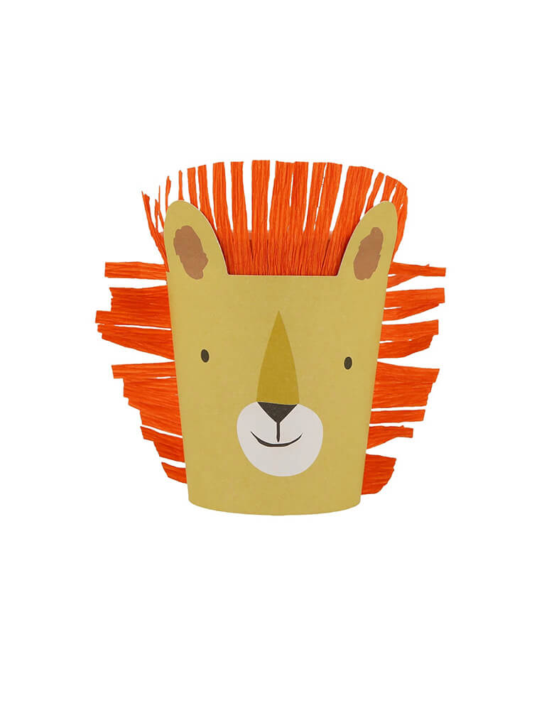 Lion cup from Momopartys's 9oz animal parade party cups by Meri Meri, comes in a set of 8 party cups in 4 designs of 4 designs: monkey, elephant, crocodile and lion, these adorable party cups are 3D dimensional and are perfect for kid's zoo, safari, or jungle themed birthday party, or even baby's "Wild One" first birthday party or a "Two Wild" second birthday party!