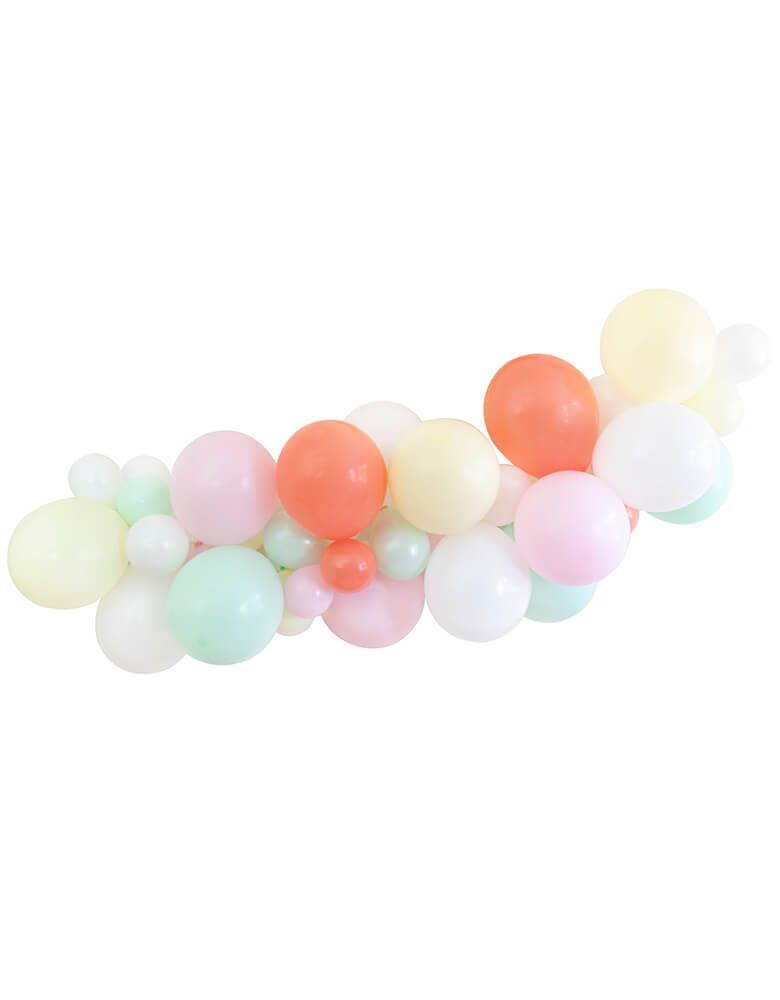 Assorted 11” (large) & 5” (small) latex balloons garland kit in coral, matte pastel mint, matte pastel pink, matte pastel yellow and standard white, design for a modern back to school themed celebration