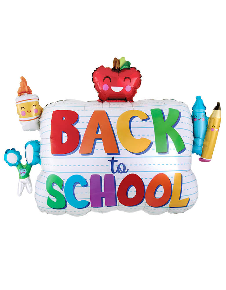 Anagram 34" Back To School Foil Mylar Balloon with School Supplies Design. this cute back to school foil balloon with a "back to school" sign on the text book in the middle, and there is smiley happy apple on the top, glue and scissors on the left and pencils on the right.
