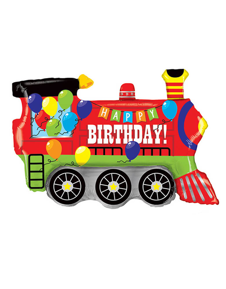 Betallic - Birthday Party Train Foil Balloon. Accent your little one's train themed party with this giant 37 inches birthday party train shaped foil mylar balloon with balloons and happy birthday design on it. This large balloon is shaped like a colorful train engine with fun birthday details! Create the ultimate balloon bouquet with a bright bunch of our latex balloons and this Train Birthday Shaped Foil Balloon in the center.