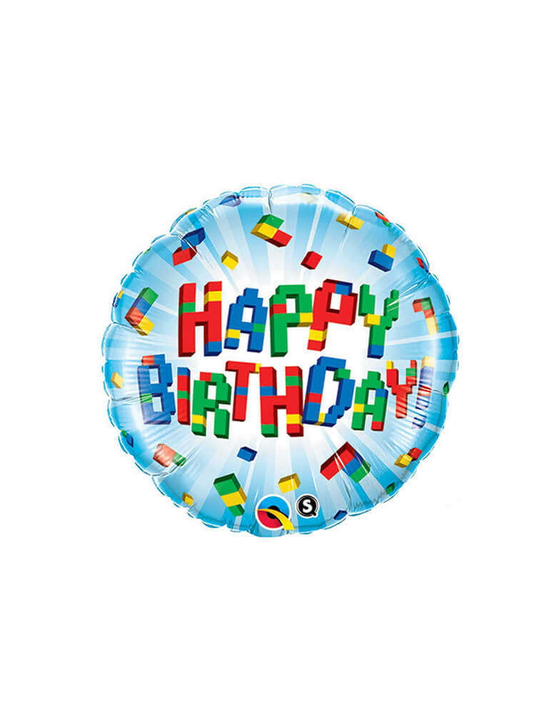 Qualatex Balloons - 18 inches Block Happy Birthday Foil Balloon. This 18 inches round junior balloon featuring colorful blocks in the text of "happy birthday", perfect for block themed happy birthday and Lego themed party.