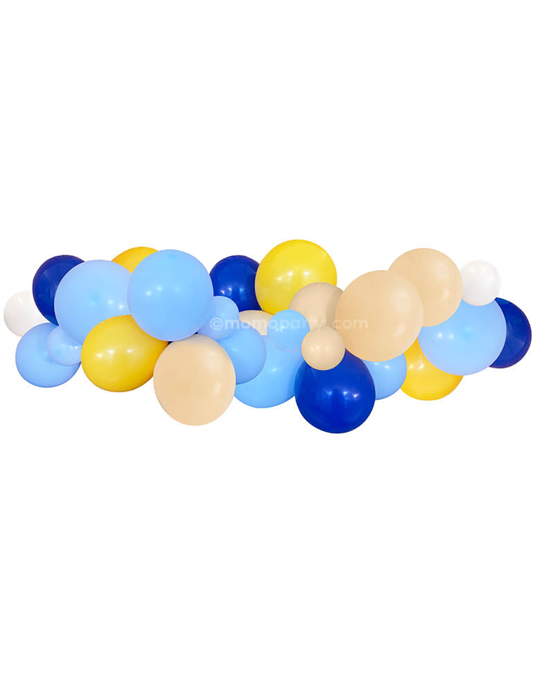 Bluey themed Balloon Cloud Kit By Momopartys. Assorted with 11” (large) & 5” (small) Bluey-themed latex balloons in dark blue, matte blue, blush, goldenrod and white, made in USA