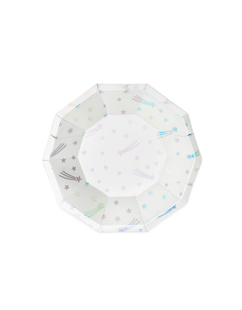 Day Dream Society Cosmic Small Plates, Set of 8, illustrated by hello!lucky for daydream society, reach for the stars! featuring a mix of holographic silver foil and metallic silver ink, we are all starry-eyed over these paper plates. These Modern Paper Party Plates are simply perfect for a space, Star Wars, galactic themed celebration, and over the rainbow collections!