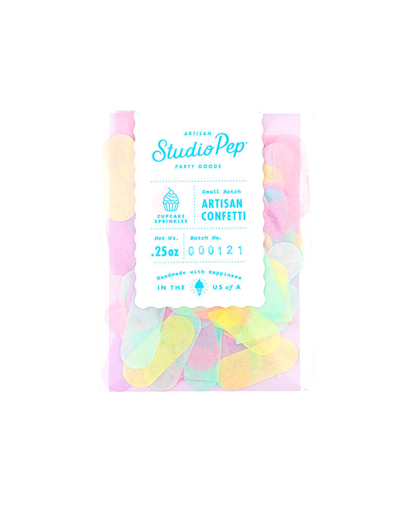 Studio Pep - Cupcake Sprinkles Artisan Confetti Mini Bag. This Adorable sprinkle-shaped confetti in a perfect color combo of pink, light pink, pastel yellow, mint, aquamarine, lilac. Pressed from American-made premium tissue paper. It's perfect for a sweets or ice cream themed party!
