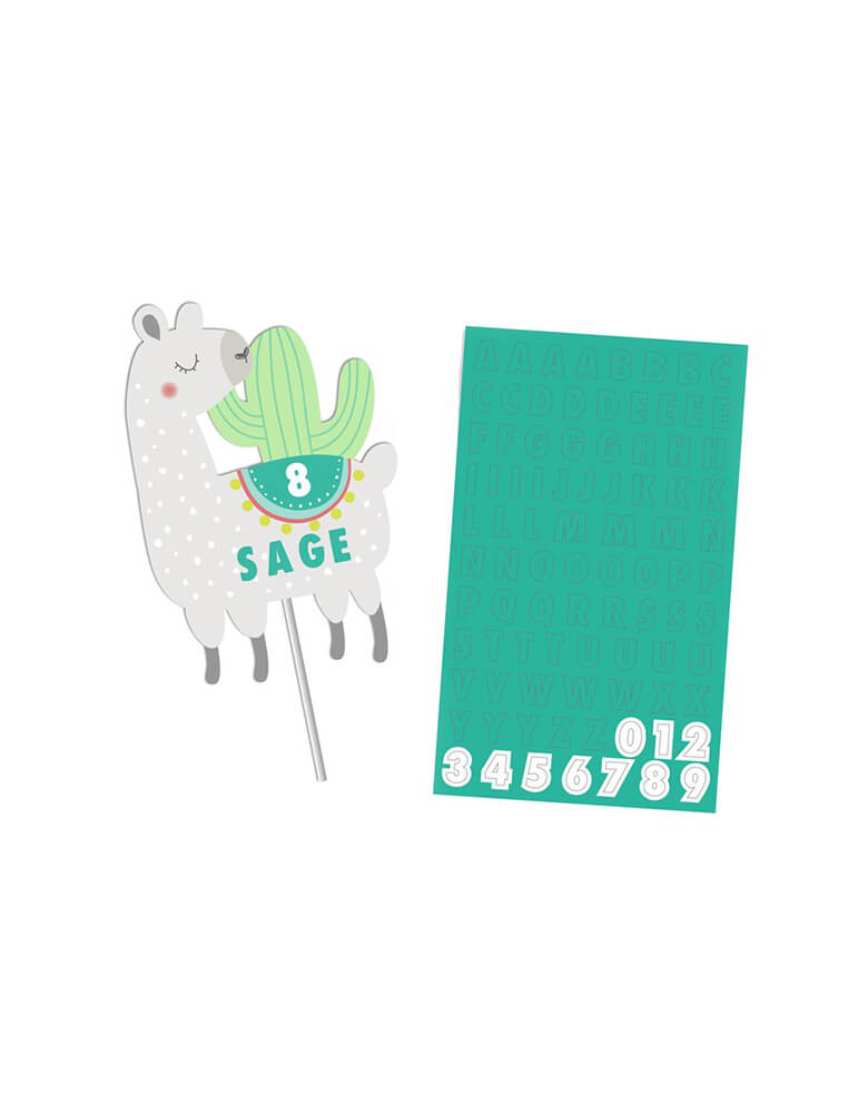 Merrilulu - Custom Llama & Cactus Cake Topper. Featuring a llama cake topper with with 2 sheets of letter and number stickers. Customize the topper with the birthday child's name and age in your llama themed birthday party, fiesta themed birthday party, Boho Fiesta Themed Party, or Modern Cinco De Mayo Party