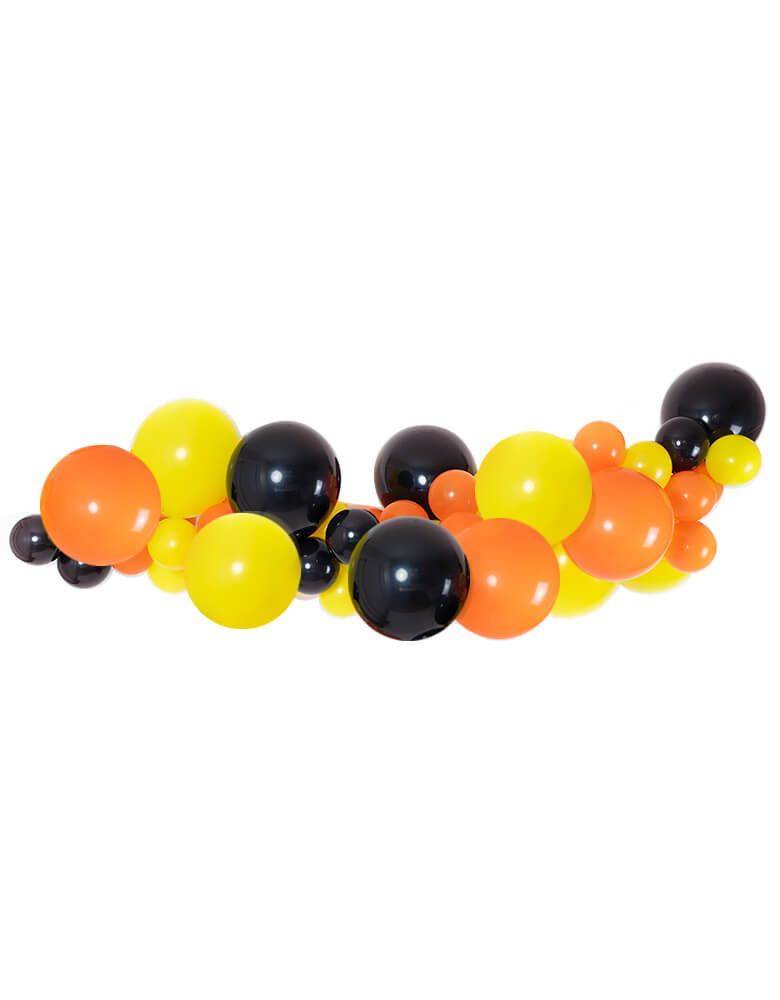 Dig In Construction theme Orange Black Yellow Balloon Garland. ssorted 11” (large) & 5” (small) construction-themed latex balloons in black, orange and yellow. Made in USA. Balloon Decoration, backdrop, balloon garland for Dig in birthday party, Construccion birthday party, Truck themed birthday party