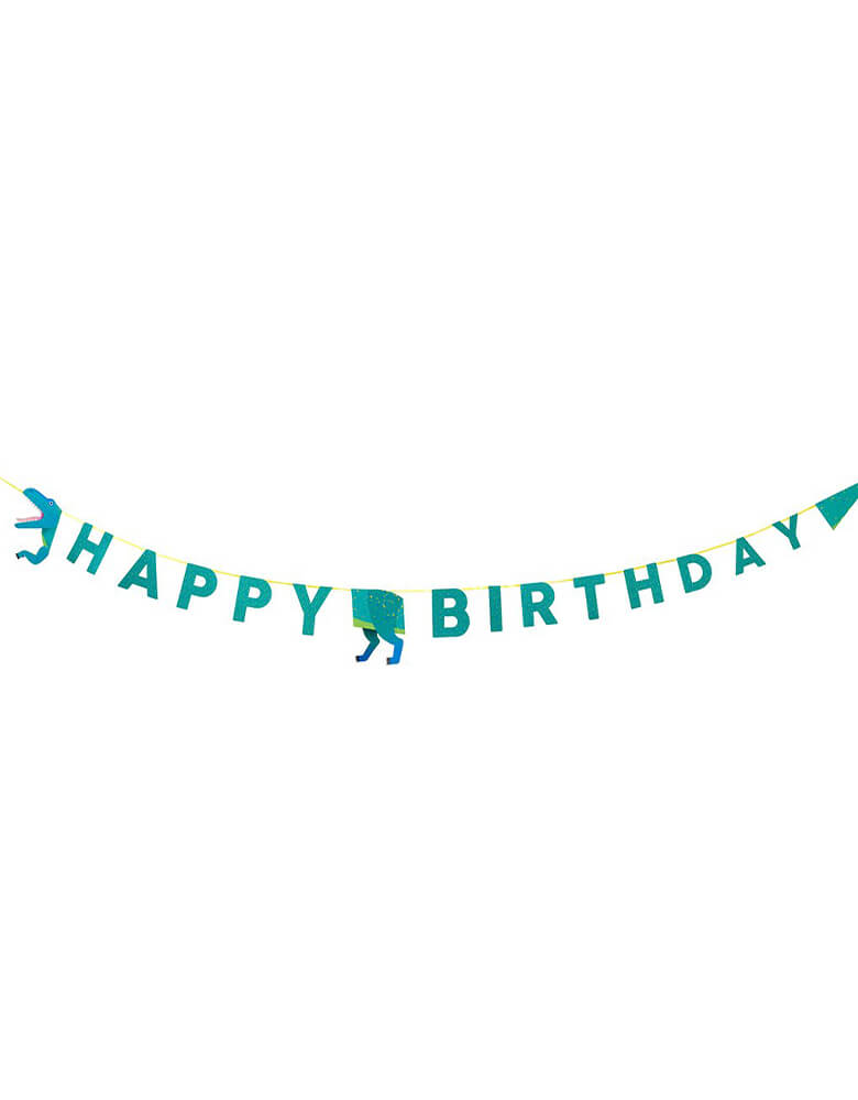 Talking Tables Dinosaur Happy Birthday Garland in green with dinosaur's head and tail on the sides of the banner