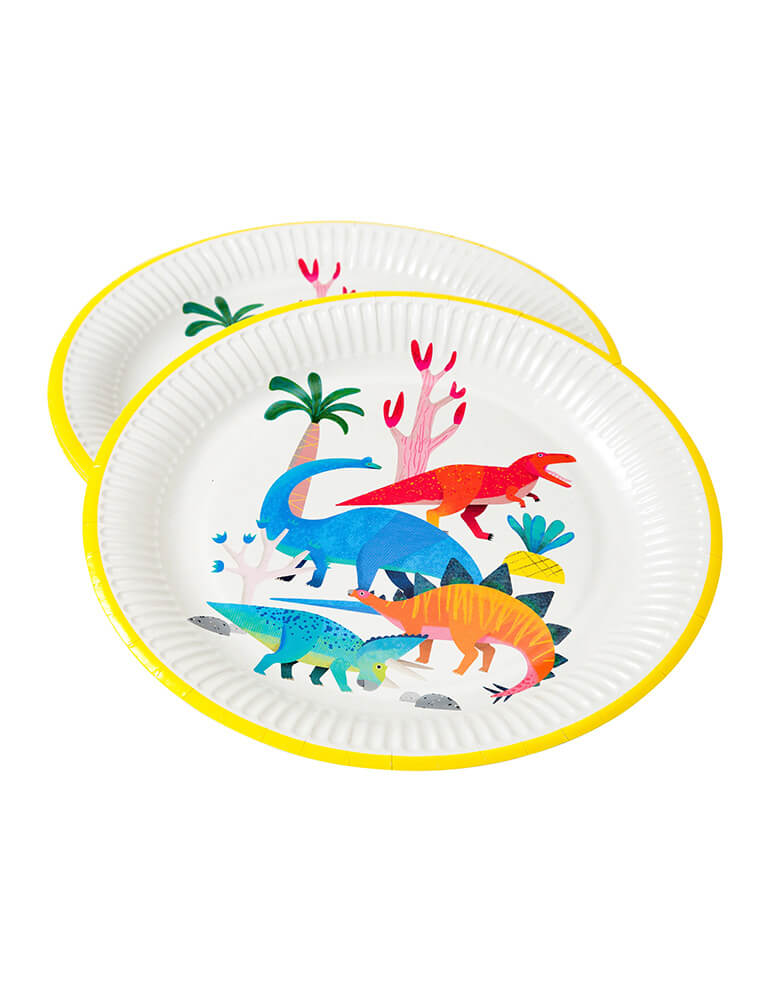 Talking Table's 9 inch dinosaur round plates with cute watercolor illustrations of different dinosaurs in bright colors with a yellow edge around it