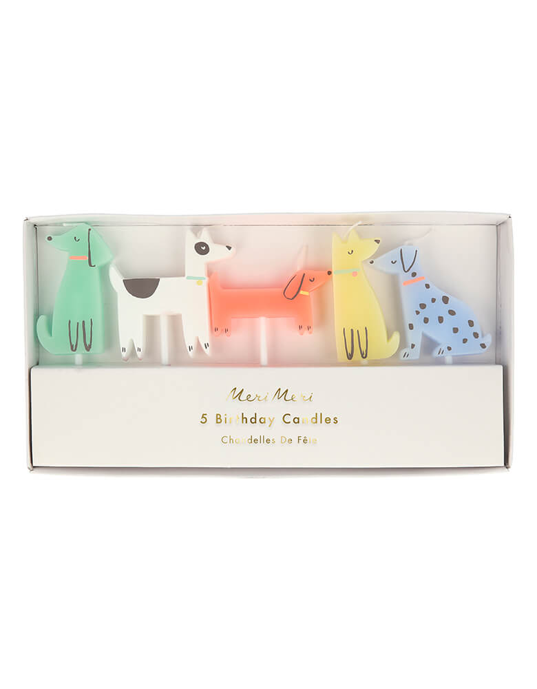 Meri Meri 215812 Dog Candles. Each set features 5 cute doggie in green, white, neon coral, yellow and blue colors. party supplies for pet's party, bow wow birthday party, dog themed birthday party, pets lover