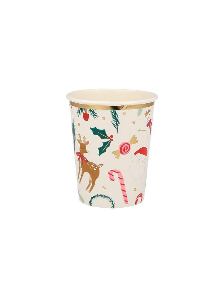 Meri Meri 9 oz Festive Motif Cups featuring Christmas icons including reindeer, candy cane, holly, snowman and wreath