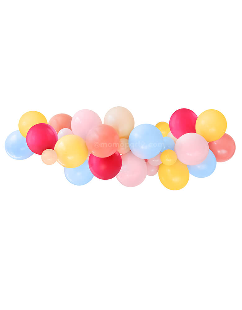 Momopartys Fiesta Balloon Garland. Assorted 11” (large) & 5” (small) latex balloons garland kit in coral, matte pastel pink, matte pastel blue, willberry, goldenrod and fashion blush, design for a modern Fiesta themed celebration, Boho Fiesta birthday. cinco de mayo celebration.