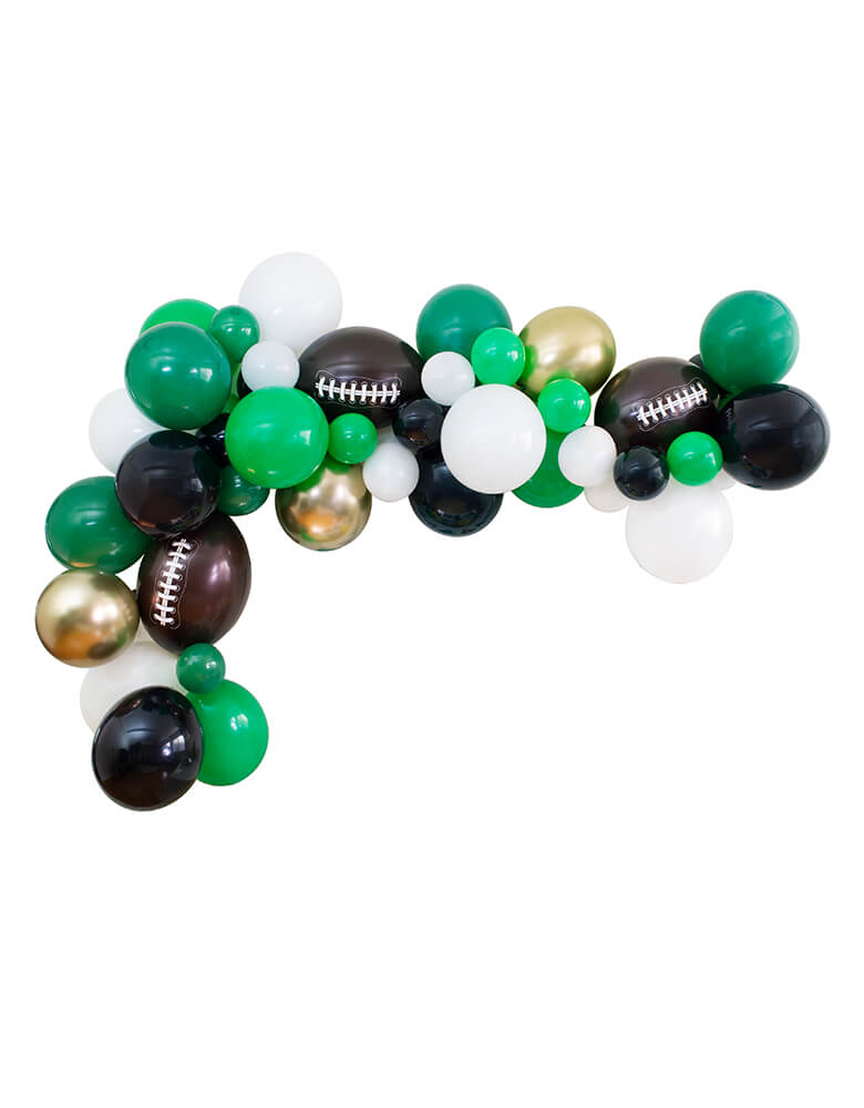 Football theme Balloon Garland, with Black, Gold Chrome, White, Green, Lime, Football shaped Latex Balloons, diy decoration for Football Themed birthday party, Super bowl Party