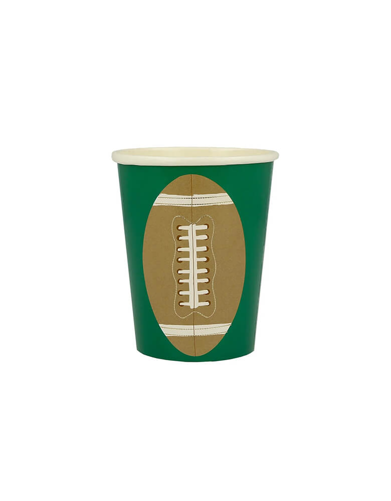 Momo Party's 9oz football cup by Meri Meri, featuring a football illustration on green with gold foil accents, this set of party cups are prefect for kid's football themed birthday party, a Super Bowl party or a viewing party.