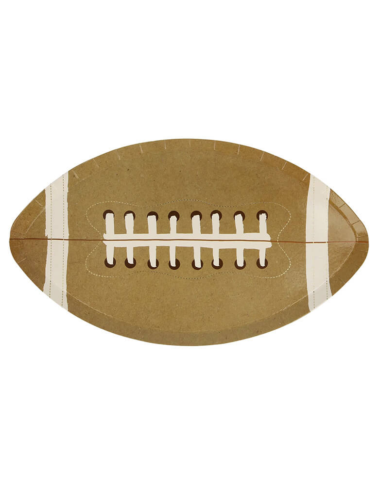 Momo Party's 12.5 x 7.25 x 0.5" die-cut football shaped plates by Meri Meri, featuring gold foil accent, these plates come in as a set of 8 plates, these plates are perfect for kid's football themed birthday celebrations, a Super Bowl party or a football viewing party.