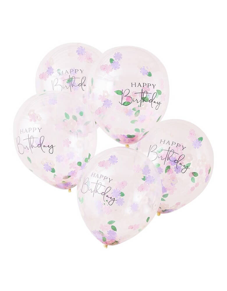 Ginger Ray Floral confetti balloons set of 5 with clear confetti balloons filled with colorful confetti to add a splash of color, with Happy Birthday message on the balloons they are great for a girly birthday party or a floral themed birthday celebration