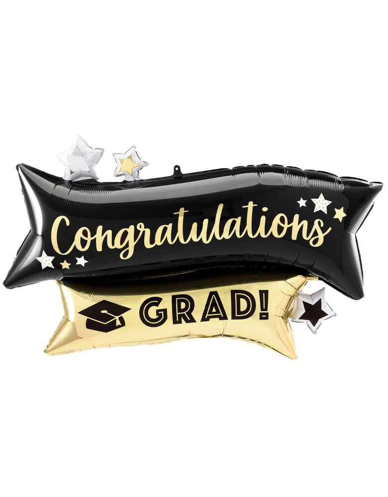 44216 Congratulations Grad Gold & Black SuperShape™ P35 by Anagram Balloons. Add this 38 inches stylish Grad Congrats Gold & Black Banner Shaped Foil Balloon to celebrate with your grad!