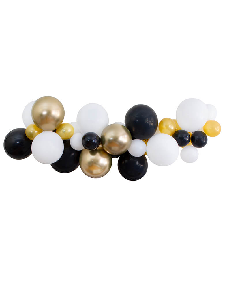 Balloon Garland Assorted 11” (large) & 5” (small) latex balloons in chrome gold (11" only), white, black, and gold, perfect decoration for a Graduation Party and Celebration at home