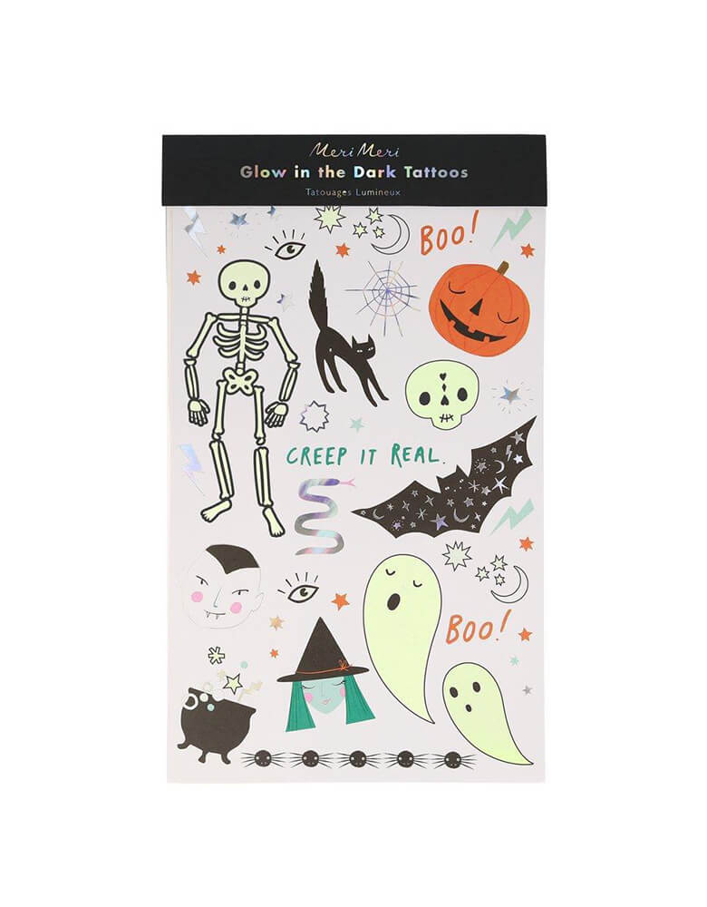 Meri Meri Halloween Glow Tattoo Sheets, feathering Silver holographic foil & glow in the dark ink detail. Your Halloween party guests will adore these terrific temporary tattoos. They glow in the dark and have simply fantastic silver holographic foil details too! They're also perfect to pop into party bags as gifts, or use as birthday face painting actives
