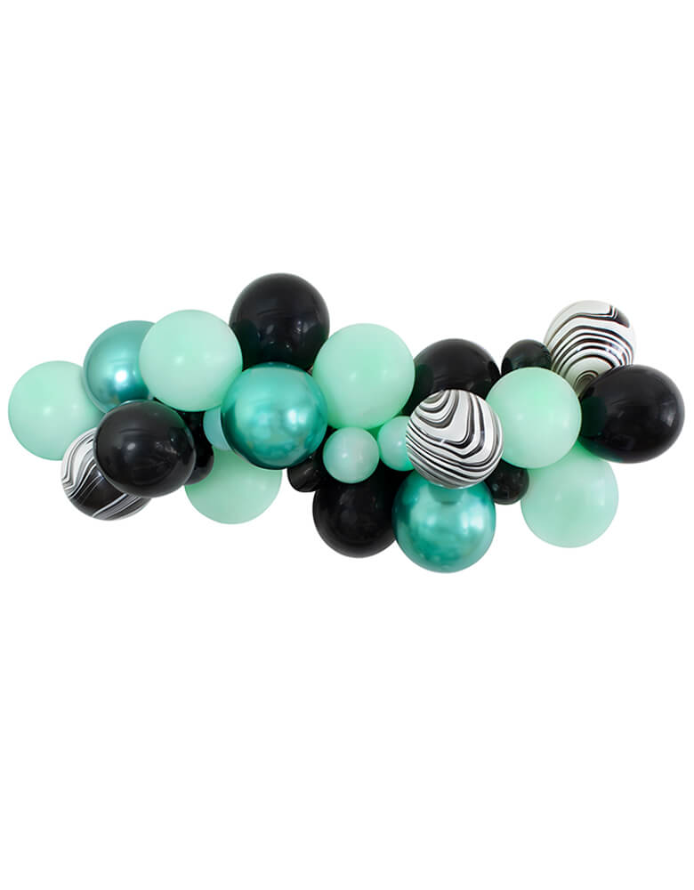 Momopartys 2020 Halloween Collection, Witch Please themed Balloon Garland/Cloud, mix with 11 inch and 5 inch Pastel Matt Mint, Chrome green, Black, Black and White Marble color Latex Balloons. Unique Decoration for your Halloween party , A Modern Witch Inspired Halloween Party, trick-or-treating Halloween party, Night Haunted House Birthday Party, nightmare before christmas party and all kind celebrations