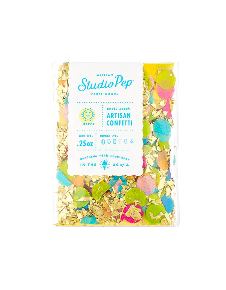 Studiopep - Happy Artisan Confetti Mini Bag. A perfect combination of bright pink, pink, apricot, buttercup yellow, lime green, fiesta blue, bright turquoise and gold shred, it's pressed from American-made premium tissue paper. Perfect for a happy celebration!