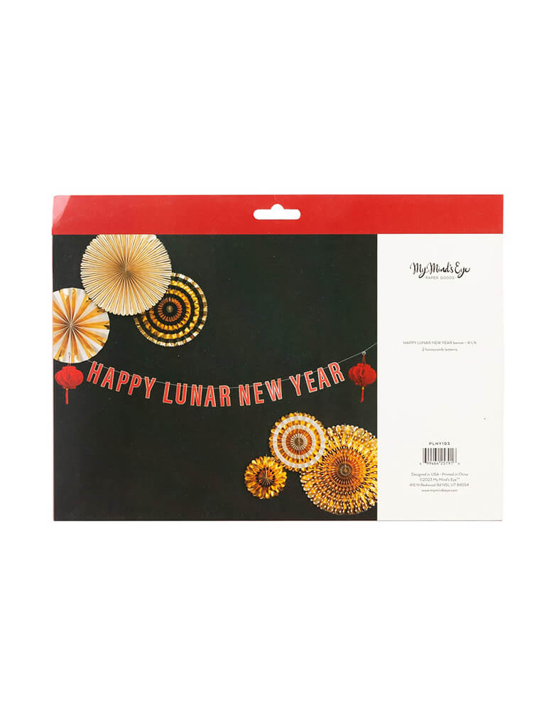 Back package design of Momopartys's Happy Lunar New Year Banner by My Mind's Eye. With a "Happy Lunar New Year" word banner and two red honeycomb lanterns, it sets a perfect scene for your Lunar New Year celebration!