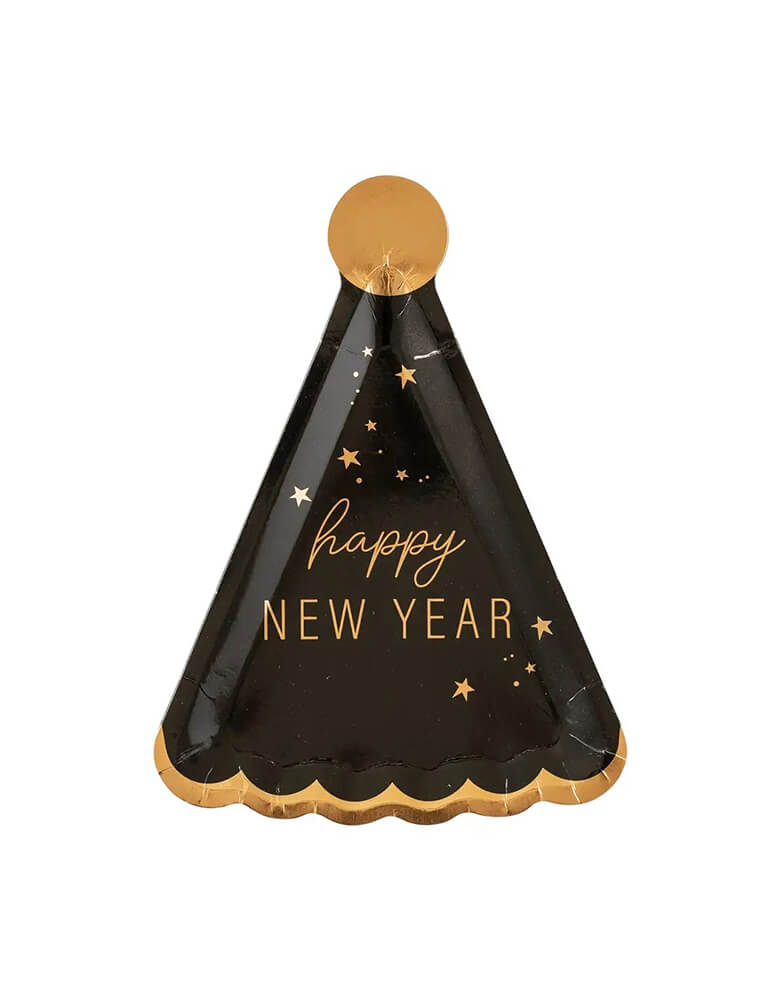 Momo Party's 10 x 7 inches Happy New Year Hat Shaped Plates by My Mindy's Eye, comes in a set of 8, featuring black and gold foil accents, with the message of "Happy New Year", it's the perfect plate for your New Year's Eve countdown party!