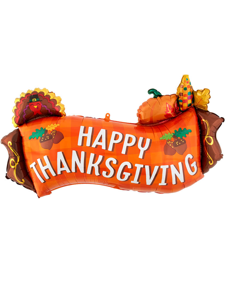 Anagram Balloons 41968 Harvest Banner SuperShape™ P35. This 36 inches Happy Thanksgiving Harvest Banner Foil Balloon, featuring a "happy thanksgiving" text with acorn and turkey, pumpin, corn and leaf design around a banner shaped foil balloon, This is the perfect balloon for your Thanksgiving celebration.