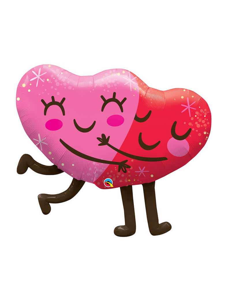 Momopartys 36" Hugging Hearts Foil Balloon by Qualatex Balloons in pink and red with smiley faces, perfect for kids friendly Valentine's Day celebration!