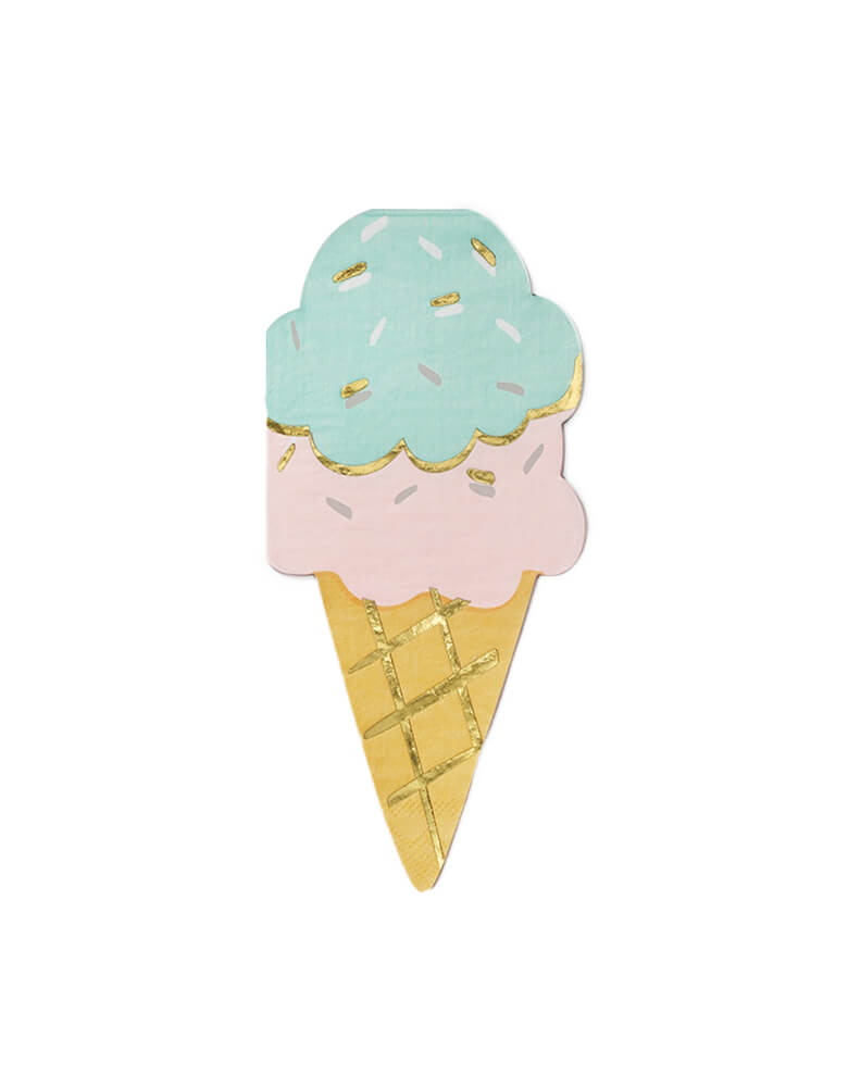 Coterie party - Ice Cream Cone Napkins. These Ice Cream Cone Napkins featuring die-cut ice cream cone shape with pastel ice cream color and gold foil details on it, they are perfect for your treat themed party! summer party, ice cream themed party